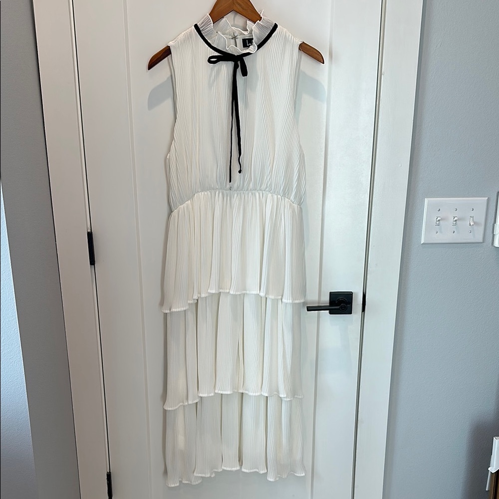 Lulus White Tiered Midi Black Velvet Ribbon Bow Dress - Large L